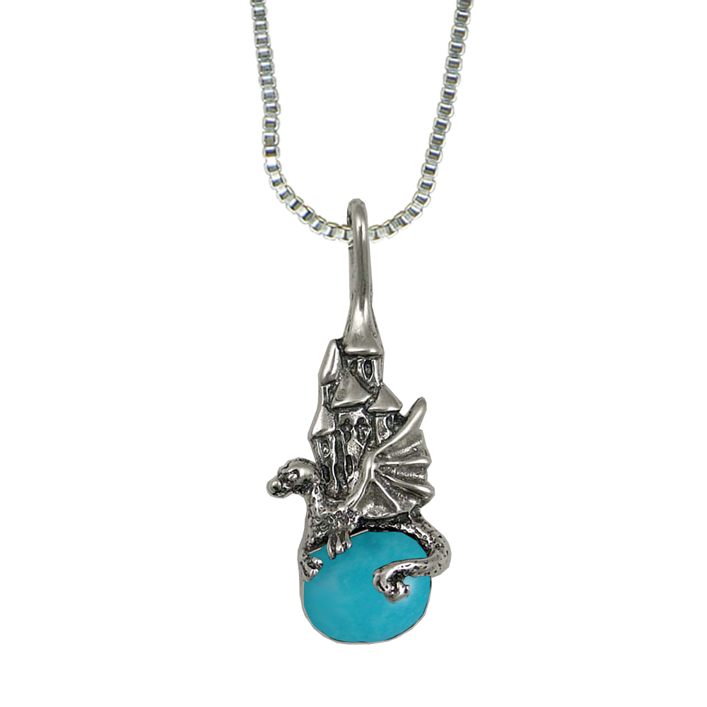 Sterling Silver Castle And Dragon of Prosperity Pendant With Turquoise
